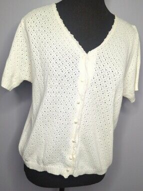 Vintage Cream Pointelle Knit Cardigan Short Sleeve V-Neck Button Up Top Boho L